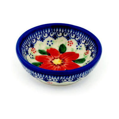 Polish Pottery Bowl 3&quot; Snow Coral Zinnias UNIKAT