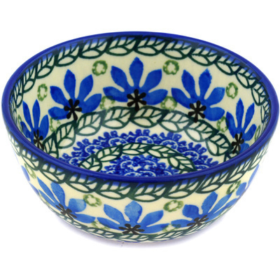 Polish Pottery Bowl 5&quot; Blue Fan Flowers