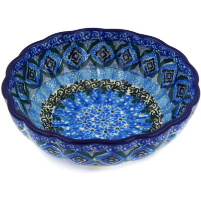 Polish Pottery Bowl 5&quot; Blue Kaleidoscope UNIKAT