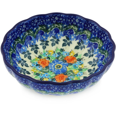 Polish Pottery Bowl 5&quot; Brilliant Blue Bouquet UNIKAT