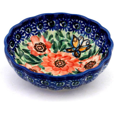 Polish Pottery Bowl 5&quot; Butterfly Peach Poppies UNIKAT
