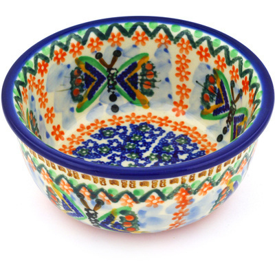 Polish Pottery Bowl 5&quot; Cool Blue Butterflies UNIKAT