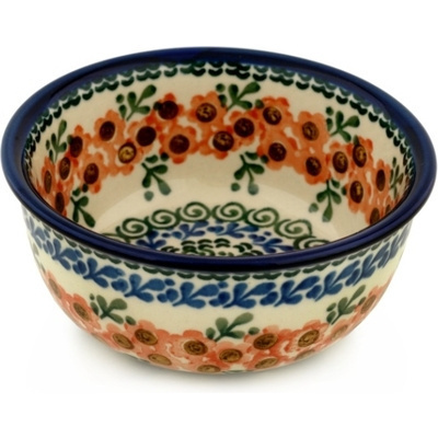 Polish Pottery Bowl 5&quot; Orange Poppy Wreath