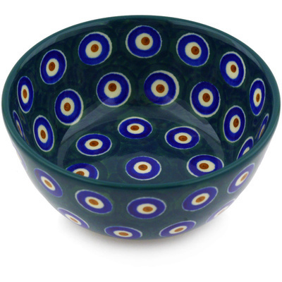 Polish Pottery Bowl 5&quot; Peacock Dots