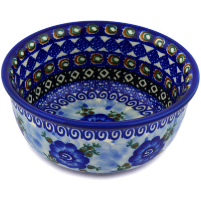 Polish Pottery Bowl 5&quot; Polish Blue Poppies UNIKAT