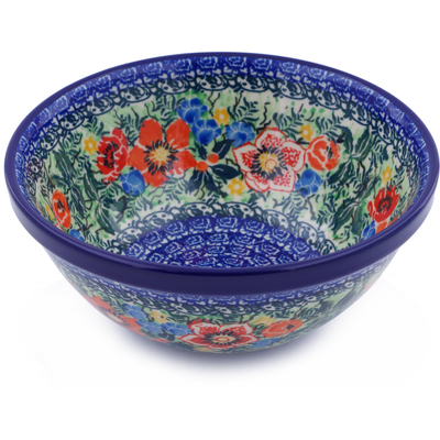 Polish Pottery Bowl 6&quot; Blue Daisy Bouquet UNIKAT