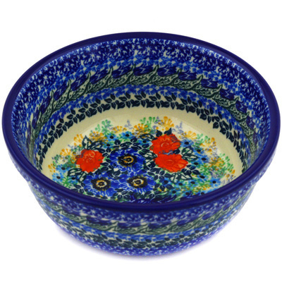 Polish Pottery Bowl 6&quot; Brilliant Blue Bouquet UNIKAT