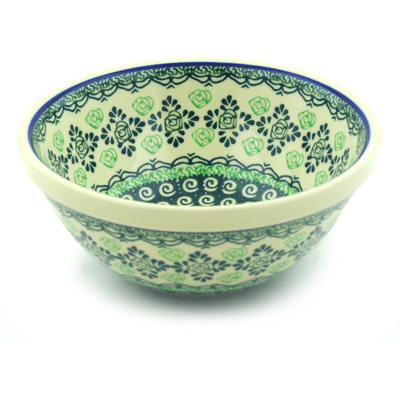 Polish Pottery Bowl 6&quot; Green Cabbage Rose