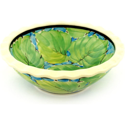 Polish Pottery Bowl 6&quot; Green Leaf UNIKAT