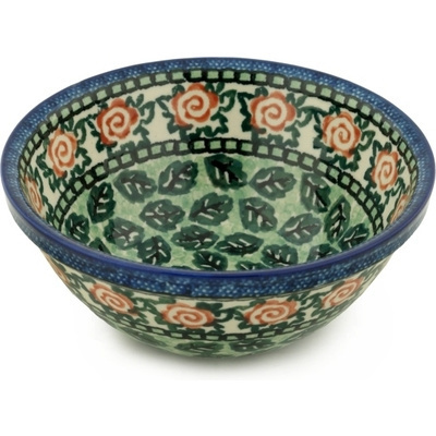 Polish Pottery Bowl 6&quot; Swirling Emerald Leaves UNIKAT