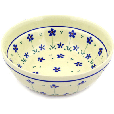 Polish Pottery Bowl 7&quot; Blue Daisy Dots
