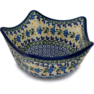 Polish Pottery Bowl 7&quot; Blue Fan Flowers