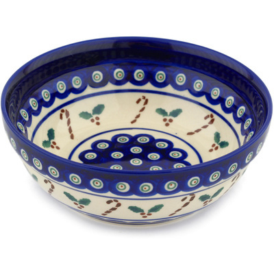 Polish Pottery Bowl 7&quot; Candy Cane Peacock