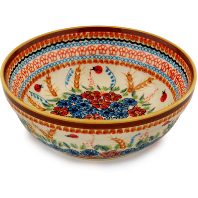 Polish Pottery Bowl 7&quot; Fiesta Flower Ladybug UNIKAT