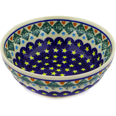 Polish Pottery Bowl 7&quot; Peacock Stars