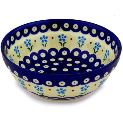 Polish Pottery Bowl 7&quot; Sky Blue Daisy