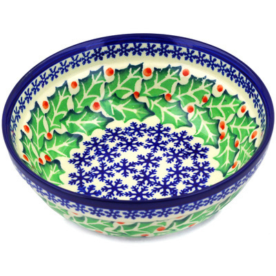 Polish Pottery Bowl 7&quot; Snowflakes And Holly