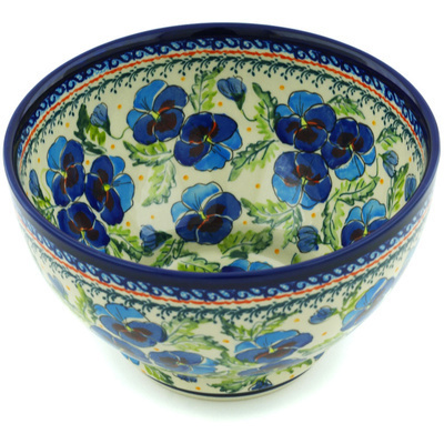 Polish Pottery Bowl 8&quot; Blooming Blue Pansies UNIKAT