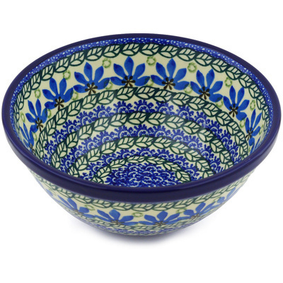 Polish Pottery Bowl 8&quot; Blue Fan Flowers
