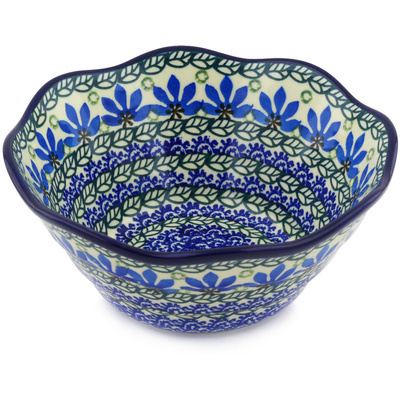 Polish Pottery Bowl 8&quot; Blue Fan Flowers