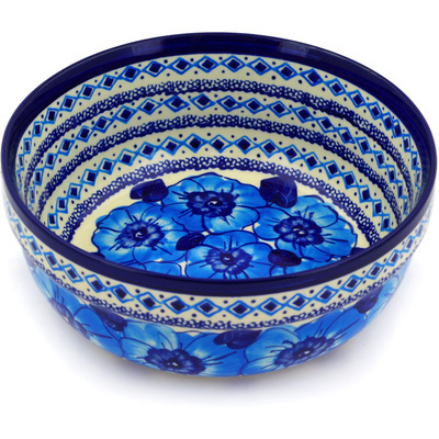 Polish Pottery Bowl 8&quot; Bright Blue Poppies UNIKAT