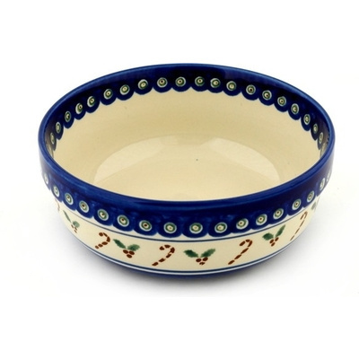 Polish Pottery Bowl 8&quot; Candy Cane Peacock