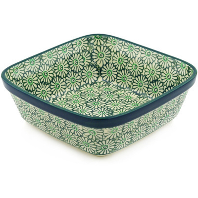 Polish Pottery Bowl 8&quot; Green Daisies