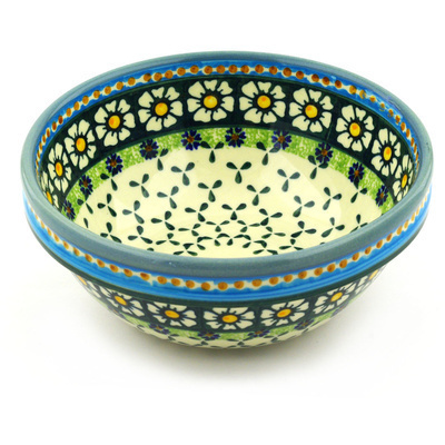Polish Pottery Bowl 8&quot; Green Daisy