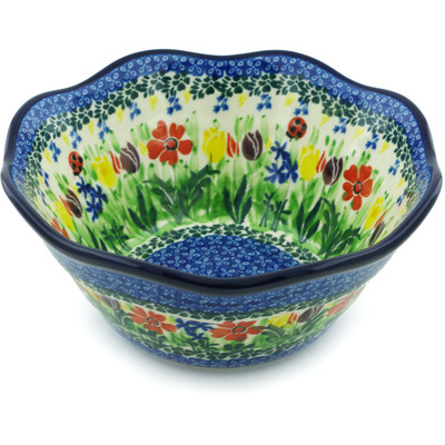 Polish Pottery Bowl 8&quot; Lady Bug Tulips UNIKAT