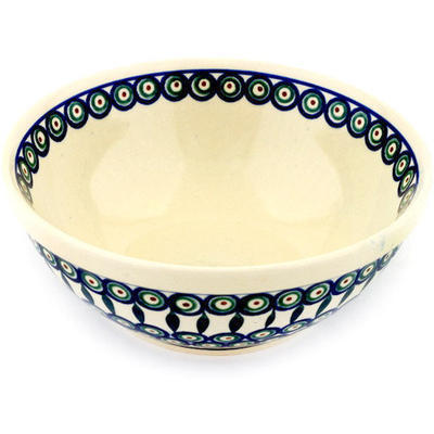 Polish Pottery Bowl 8&quot; Peacock Leaves