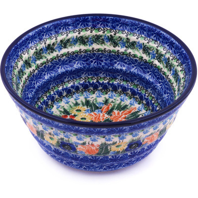 Polish Pottery Bowl 8&quot; Splendid Blue Meadow UNIKAT