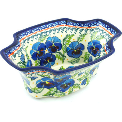 Polish Pottery Bowl 9&quot; Blooming Blue Pansies UNIKAT
