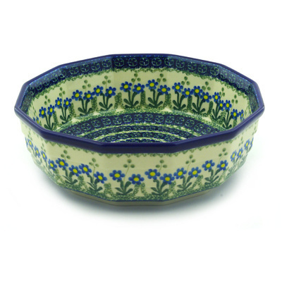 Polish Pottery Bowl 9&quot; Blue Daisy Circle