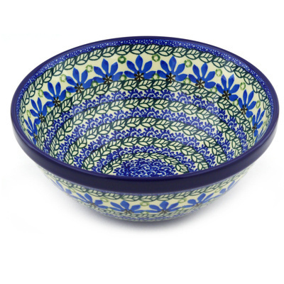 Polish Pottery Bowl 9&quot; Blue Fan Flowers