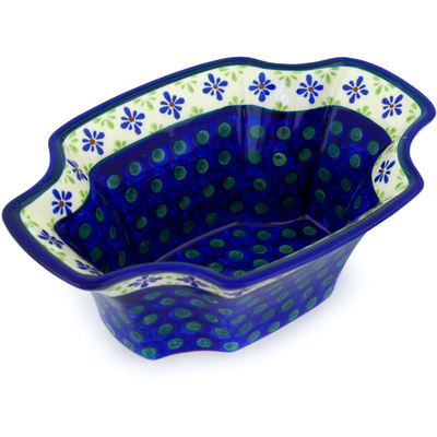 Polish Pottery Bowl 9&quot; Green Gingham Peacock