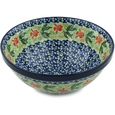 Polish Pottery Bowl 9&quot; Red Hibiscus
