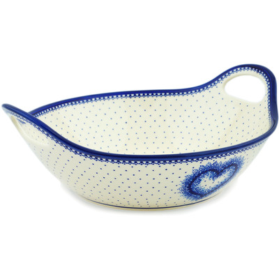 Polish Pottery Bowl with Handles 12-inch Blue Lace Heart