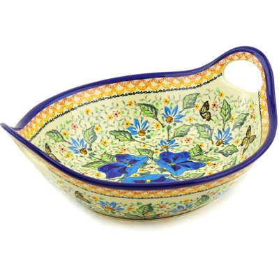 Polish Pottery Bowl with Handles 12-inch Butterfly Meadow UNIKAT