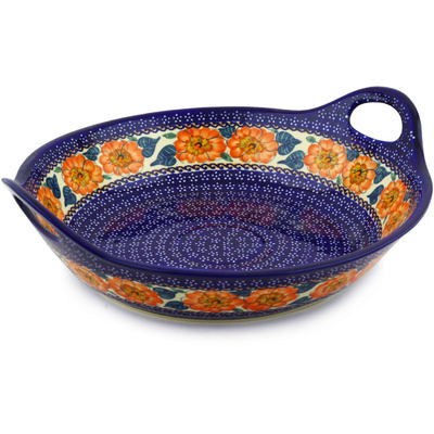Polish Pottery Bowl with Handles 15-inch Begonia Fields UNIKAT
