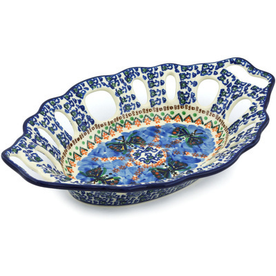 Polish Pottery Bowl with Holes 13&quot; Cool Blue Butterflies UNIKAT