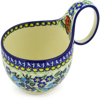 Polish Pottery Bowl with Loop Handle 16 oz Blossoms And Butterflies UNIKAT