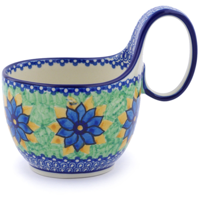 Polish Pottery Bowl with Loop Handle 16 oz Blue Poinsettia Wreath UNIKAT