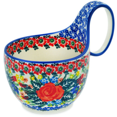 Polish Pottery Bowl with Loop Handle 16 oz Blue Ribbon Roses UNIKAT