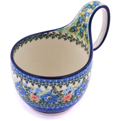 Polish Pottery Bowl with Loop Handle 16 oz Brilliant Blue Bouquet UNIKAT