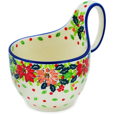 Polish Pottery Bowl with Loop Handle 16 oz Christmas Flower UNIKAT