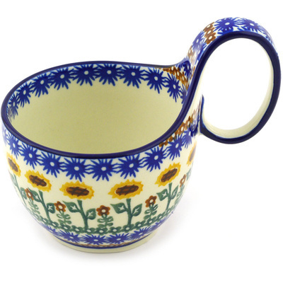 Polish Pottery Bowl with Loop Handle 16 oz Field Of Sunflowers