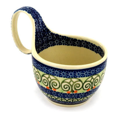 Polish Pottery Bowl with Loop Handle 16 oz Scroll Window