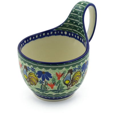 Polish Pottery Bowl with Loop Handle 16 oz Spring Rooster UNIKAT