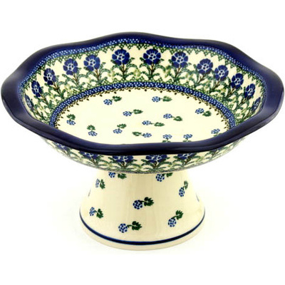 Polish Pottery Bowl with Pedestal 11&quot; Blackberry Blooms