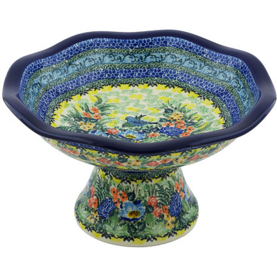 Polish Pottery Bowl with Pedestal 11&quot; Blue Bird Delight UNIKAT